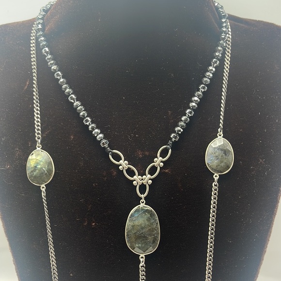 Hematite & Faceted Labradorite Double Chainlink Necklace - Picture 6 of 7